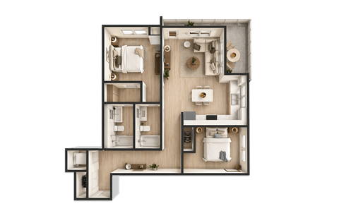 Floor plan for 2 beds, 2 baths, 879 sqft